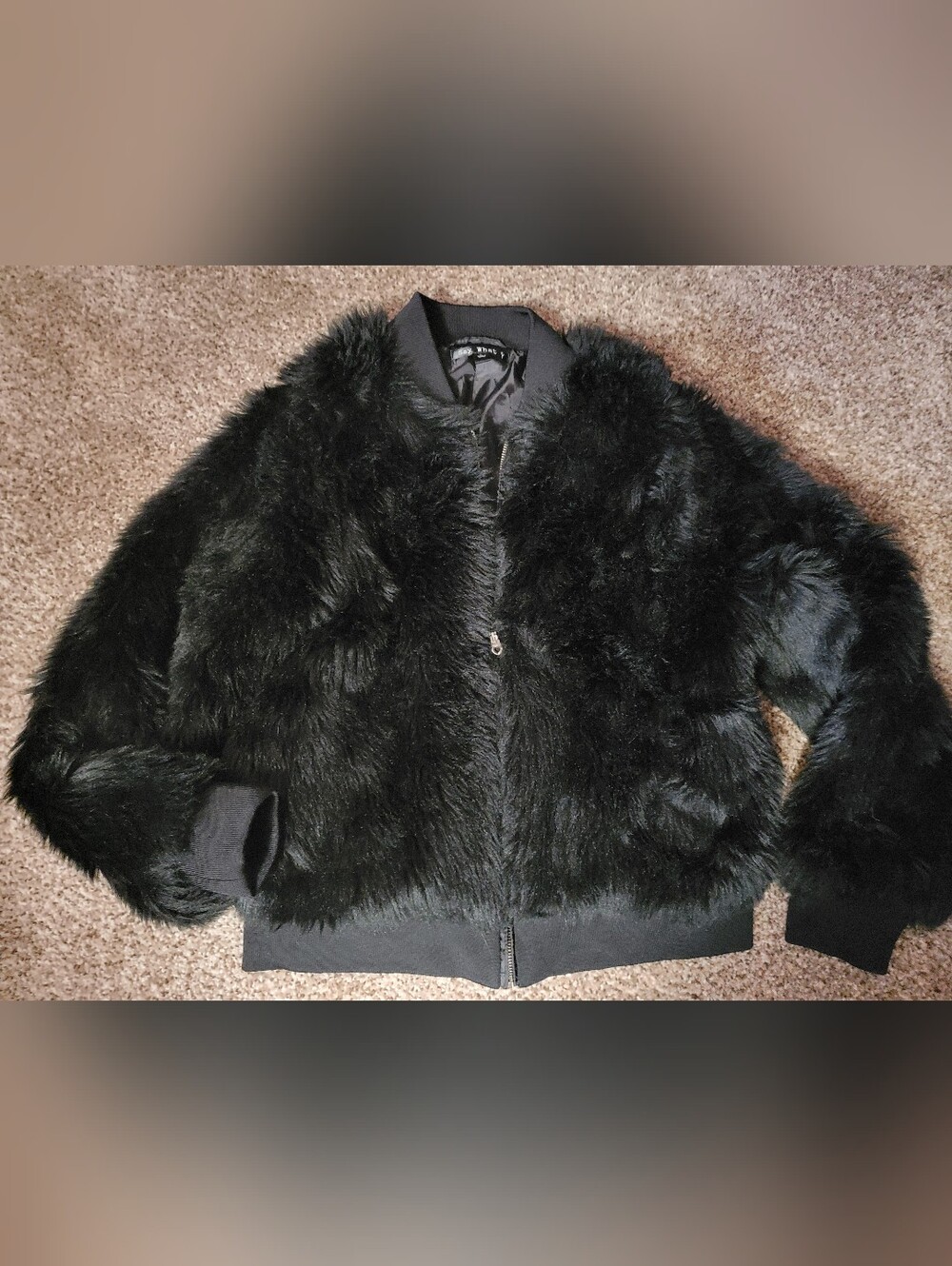Black Faux Fur Bomber Jacket - Sz Large Juniors Elegant Cozy Style